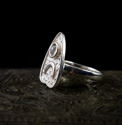 Polished Silver Séance Planchette Ring with White Moonstone-Rings-Omnia Studios LLC-PaxtonGate