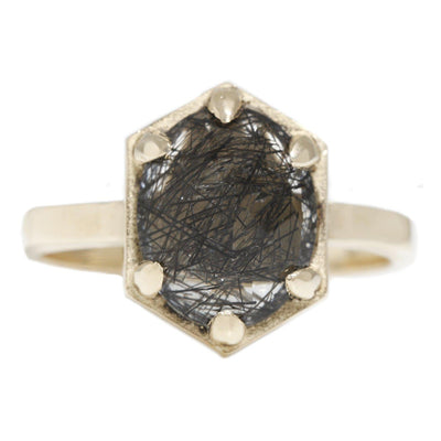 14k Yellow Gold Hexagon Ring with Oval Tourmalated Quartz - Paxton Gate