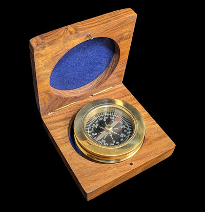 Brass Paperweight Compass w/ Rosewood Box 3"-AntqRplica-Hampton Nautical-PaxtonGate