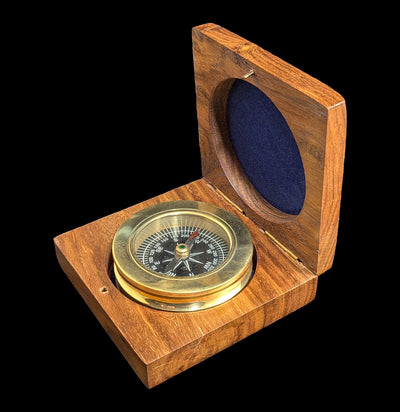 Brass Paperweight Compass w/ Rosewood Box 3"-AntqRplica-Hampton Nautical-PaxtonGate