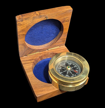 Brass Paperweight Compass w/ Rosewood Box 3"-AntqRplica-Hampton Nautical-PaxtonGate