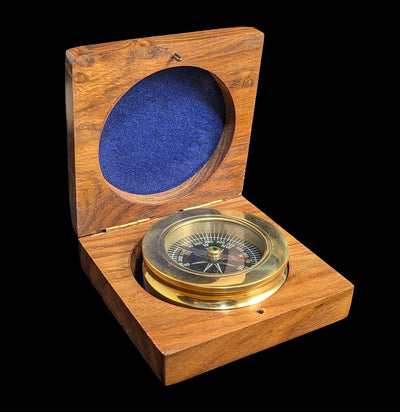 Brass Paperweight Compass w/ Rosewood Box 3"-AntqRplica-Hampton Nautical-PaxtonGate