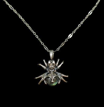 Arachne Spider Antiqued Sterling Silver Amulet with Labradorite-Necklaces-Omnia Studios LLC-PaxtonGate