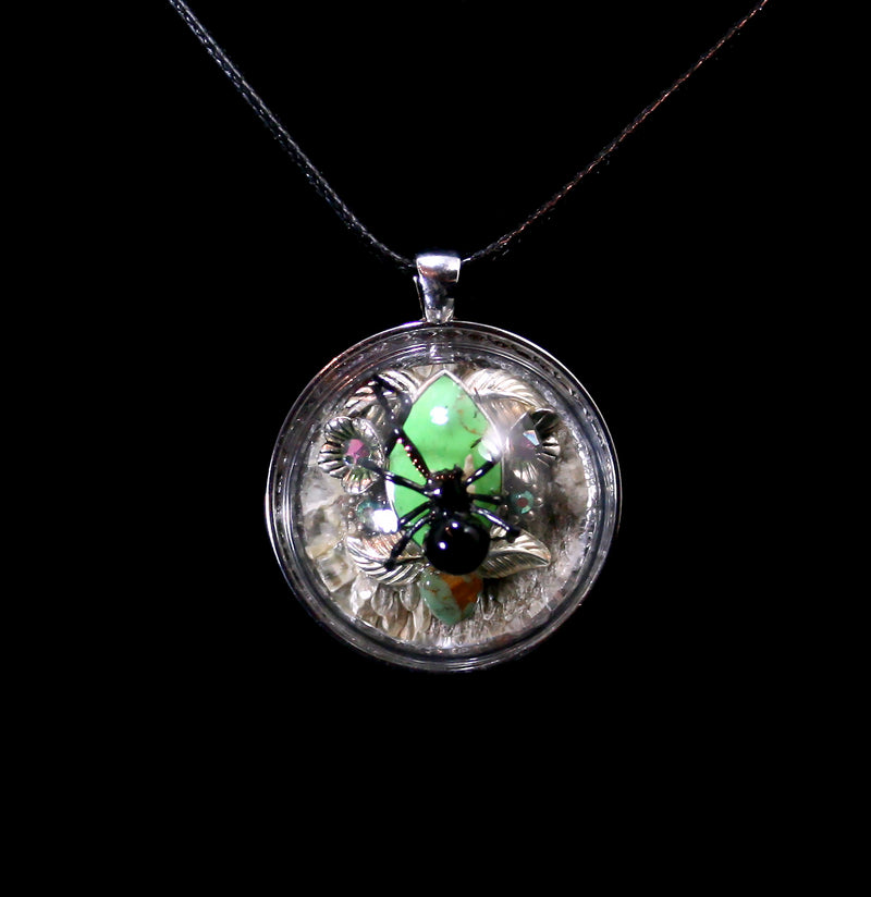 Black Widow with Green Agate Dome Necklace-Necklaces-PunkyBoy-PaxtonGate