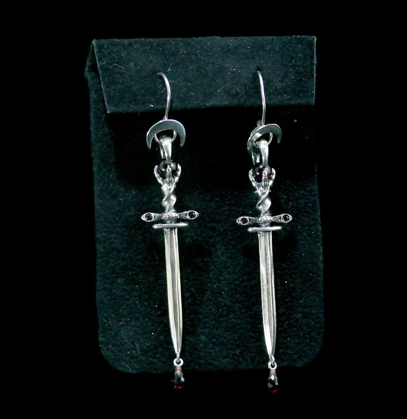 Blood Magic Antique Sterling Silver Athame Dagger Earrings with Drip - Paxton Gate