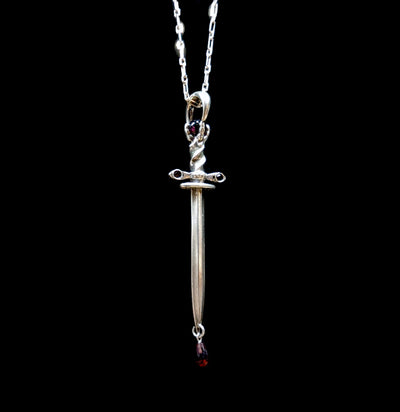 Blood Magic Polished Sterling Silver Athame Dagger Amulet with Garnet Drip - Paxton Gate