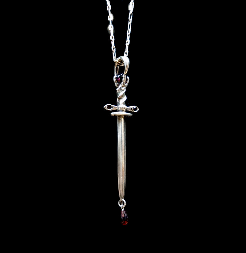 Blood Magic Polished Sterling Silver Athame Dagger Amulet with Garnet Drip - Paxton Gate