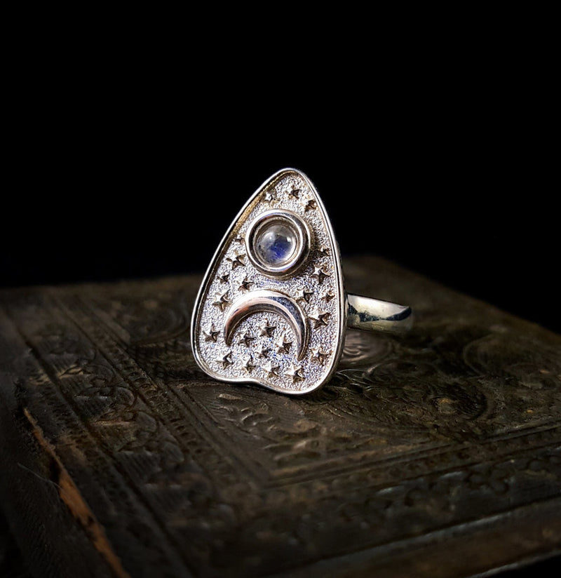 Polished Silver Séance Planchette Ring with White Moonstone-Rings-Omnia Studios LLC-PaxtonGate