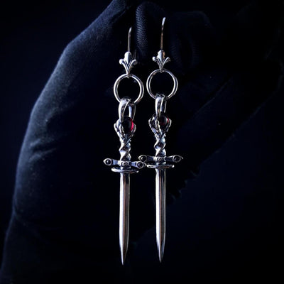 Antiqued Sterling Silver Athame Earrings With Garnet Stones - Paxton Gate